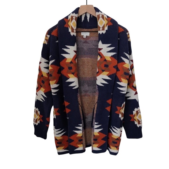 NWT Lucky Brand Southwestern Aztec Cardigan Sweater Navy Coatigan Medium NEW - Picture 11 of 11